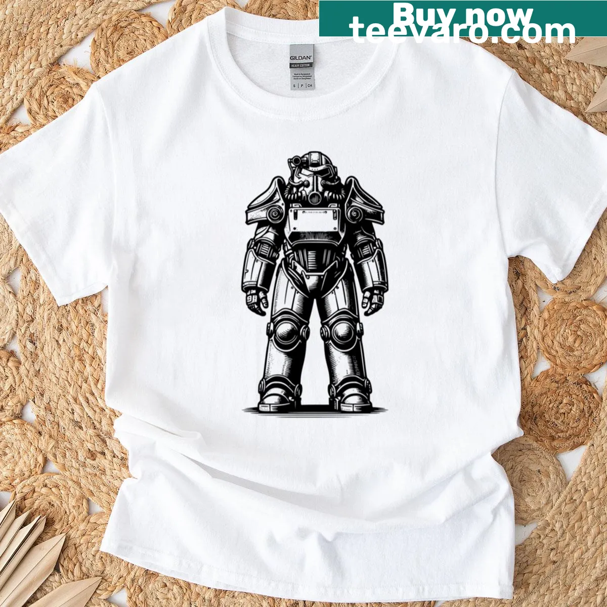 Retro futuristic T-shirt with a steel soldier graphic — on a men's t-shirt