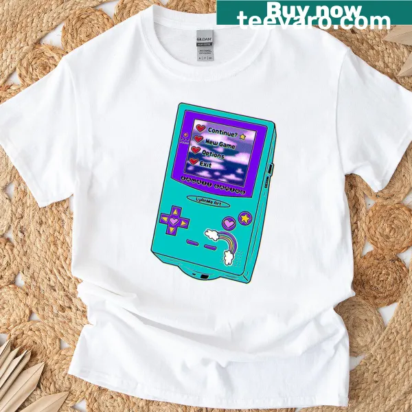 Retro Game Boy inspired graphics on a nostalgic t-shirt
