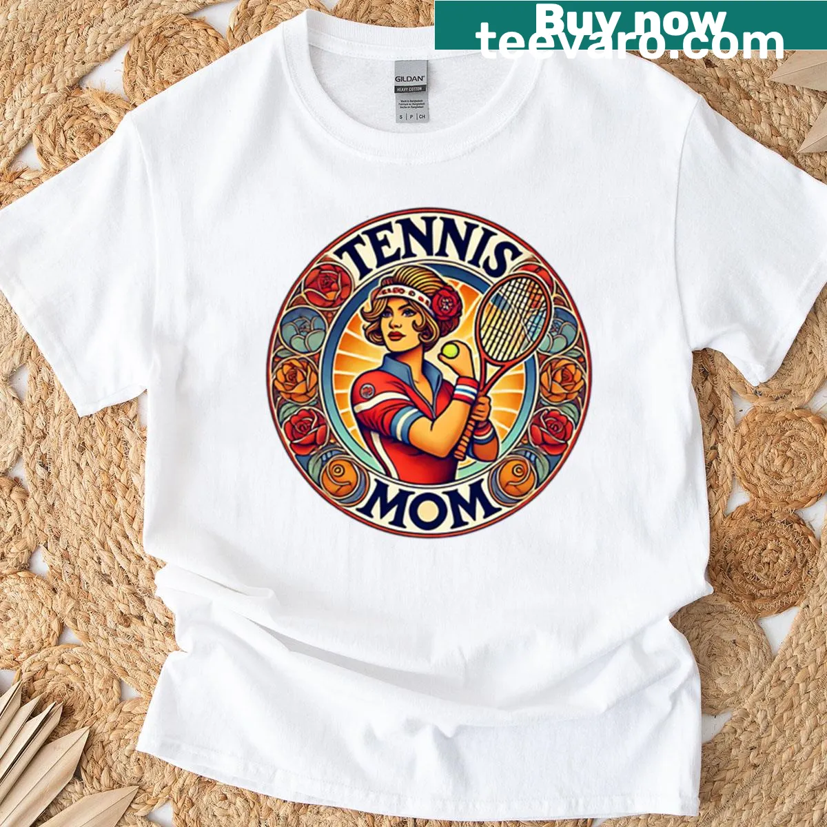 T-shirt celebrating tennis moms with playful illustrations — on a men's t-shirt