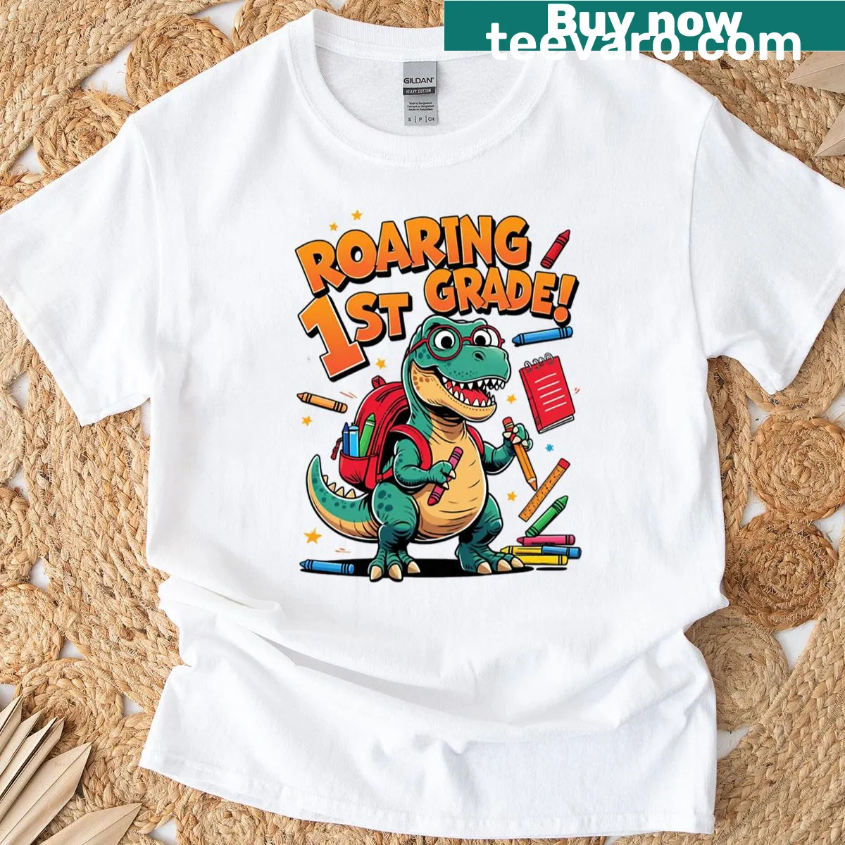 Cute dinosaur graphic on a first grade kids t-shirt — on a men's t-shirt