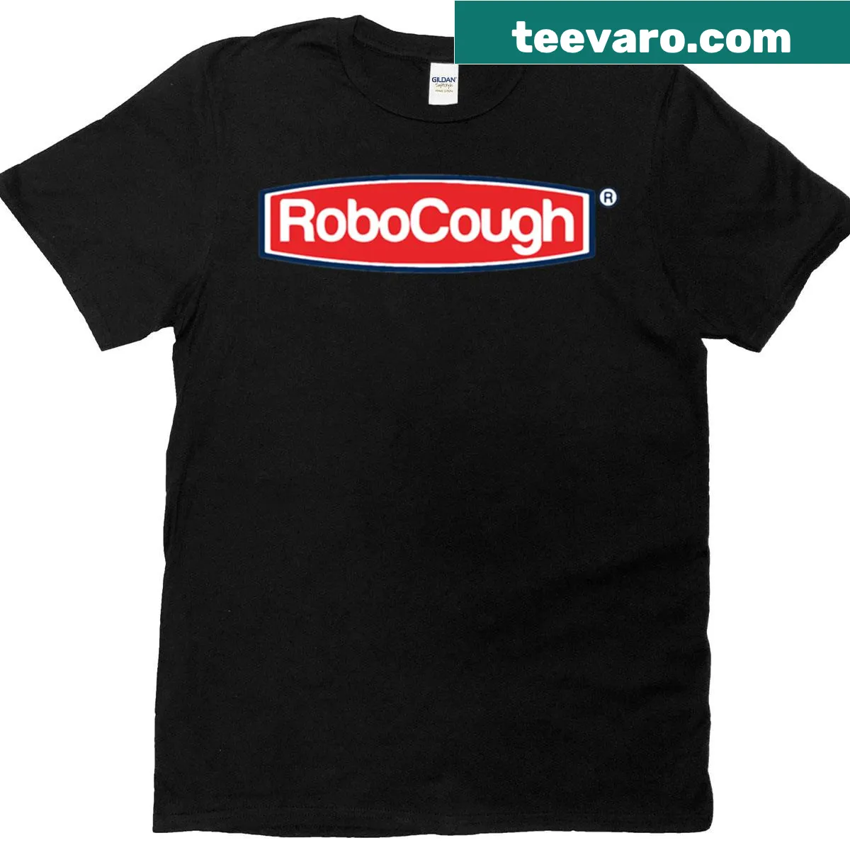 T-shirt with Robocough logo and playful sticker graphic — on a men's t-shirt