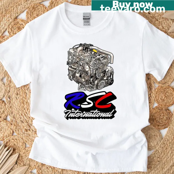 Engine and logo design on a mechanic's t-shirt