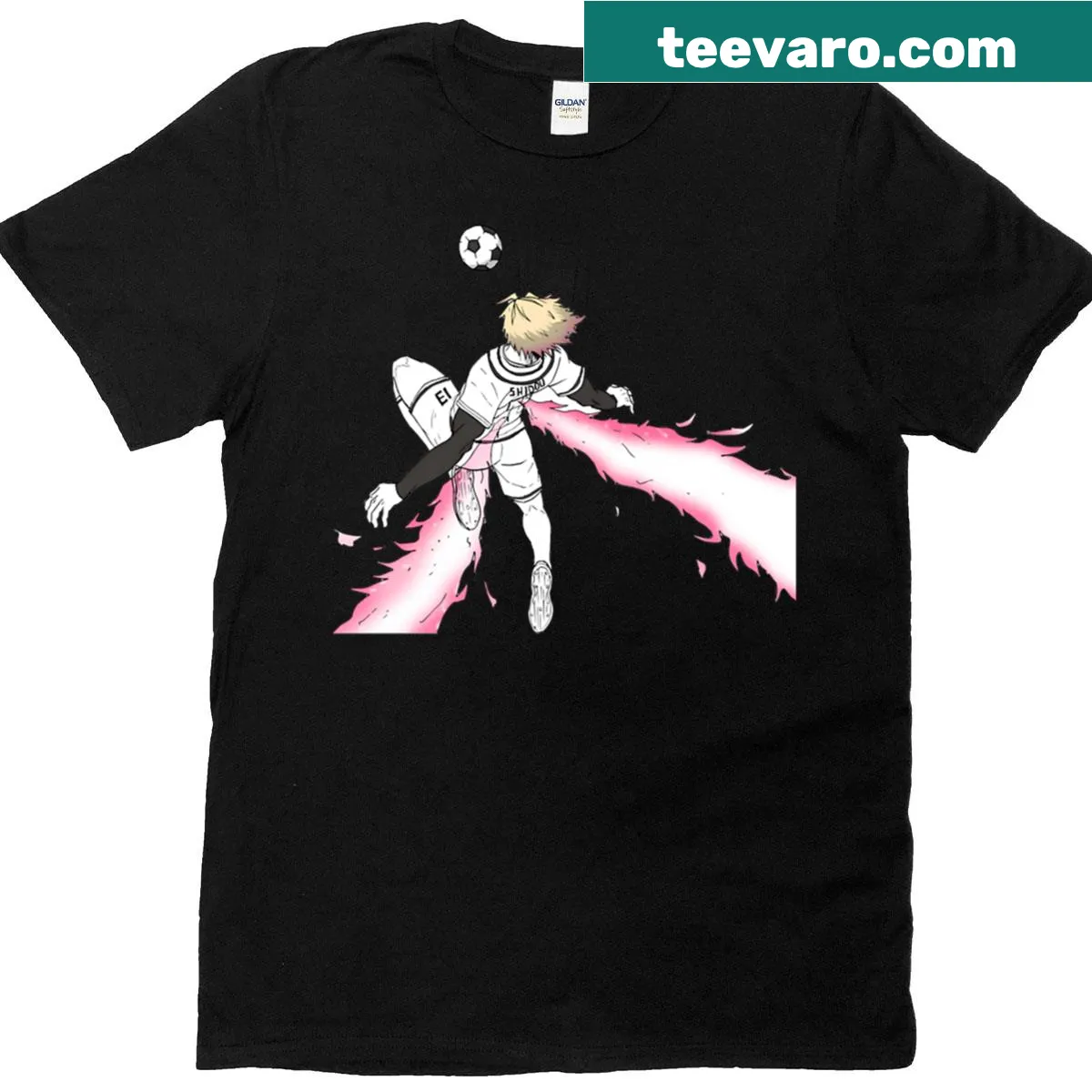 Soccer-themed Ryusei Shidou t-shirt with dynamic goal strike graphic. — on a men's t-shirt