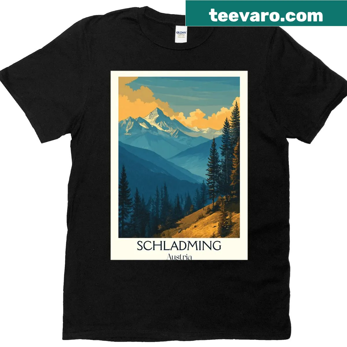 Vintage travel poster t-shirt featuring Schladming Austria ski hub design — on a men's t-shirt
