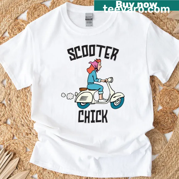 Playful Scooter Chick t-shirt with a cartoon scooter and chick illustration