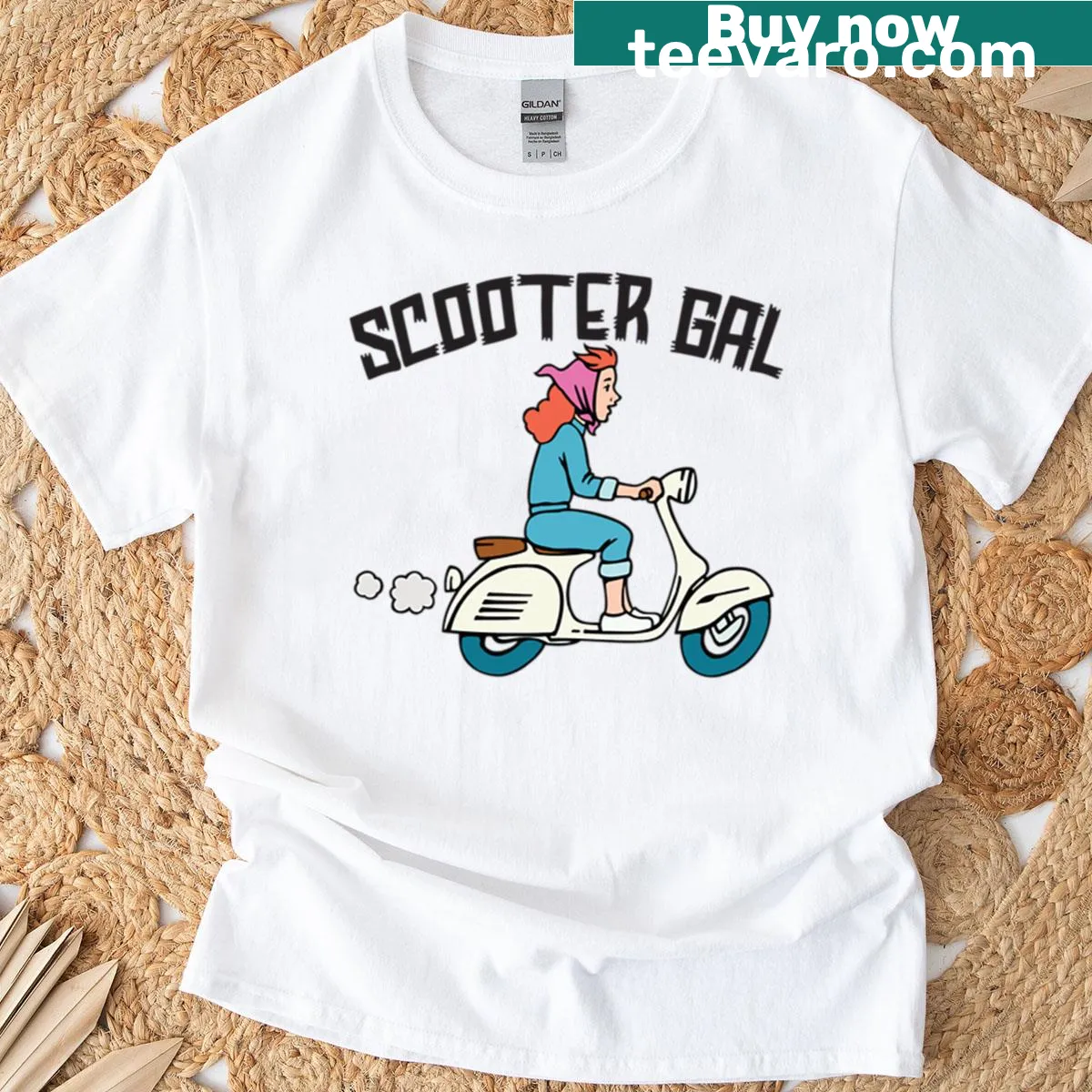 Trendy Scooter Gal t-shirt with whimsical graphics — on a men's t-shirt