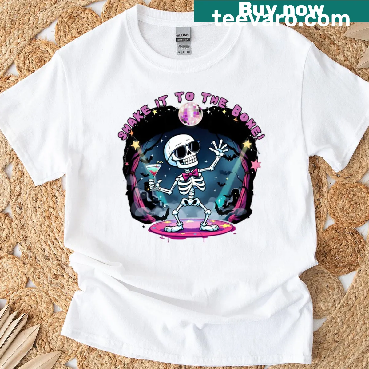 Funny Halloween skeleton cocktail t-shirt with playful design. — on a men's t-shirt