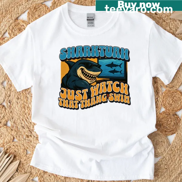 Playful shark illustration on Sharktuah t-shirt