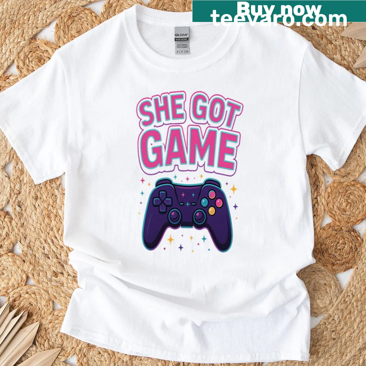 Typographic design of 'She Got Game' on T-shirt — on a men's t-shirt