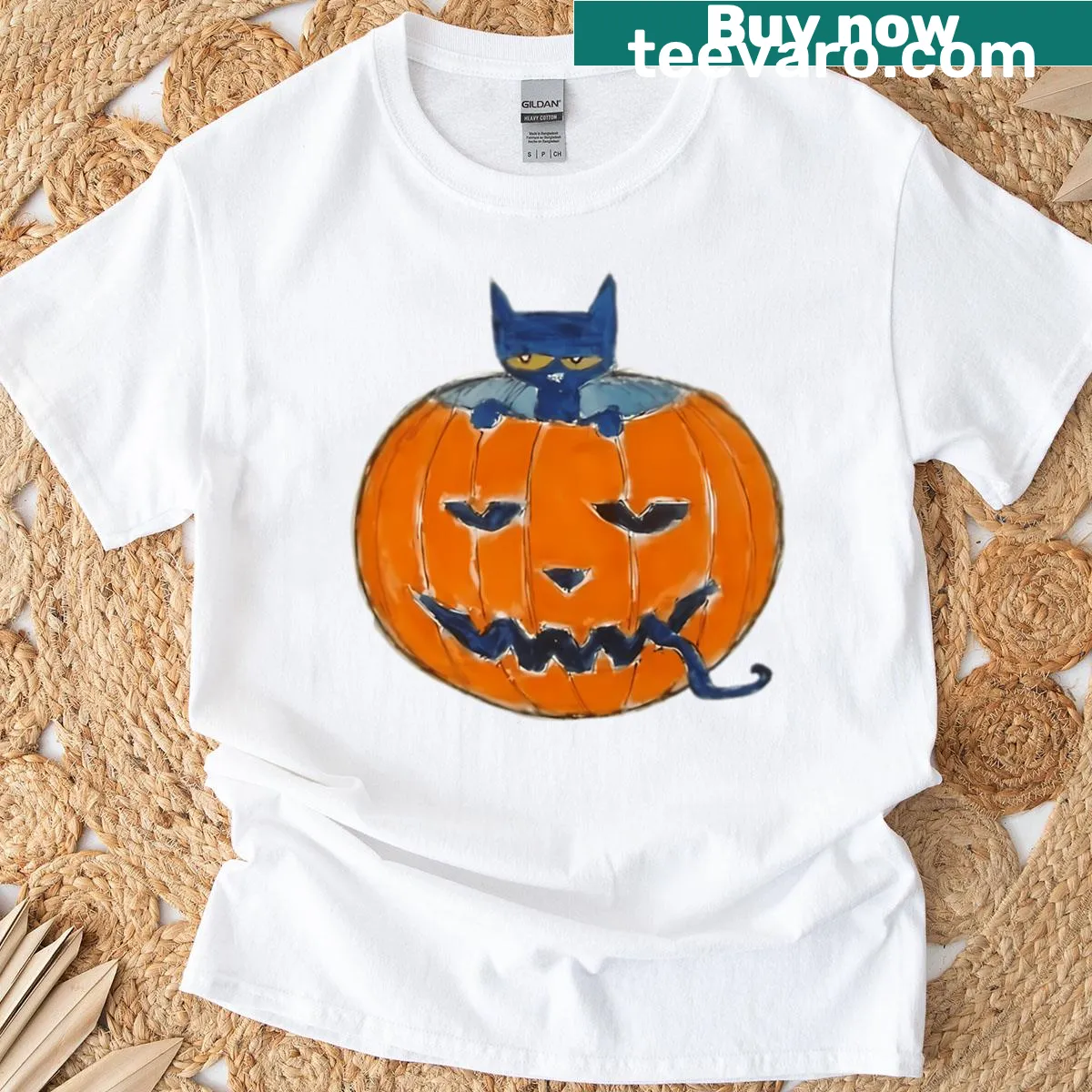 Vintage cartoon cat logo t-shirt with shoes and book elements — on a men's t-shirt