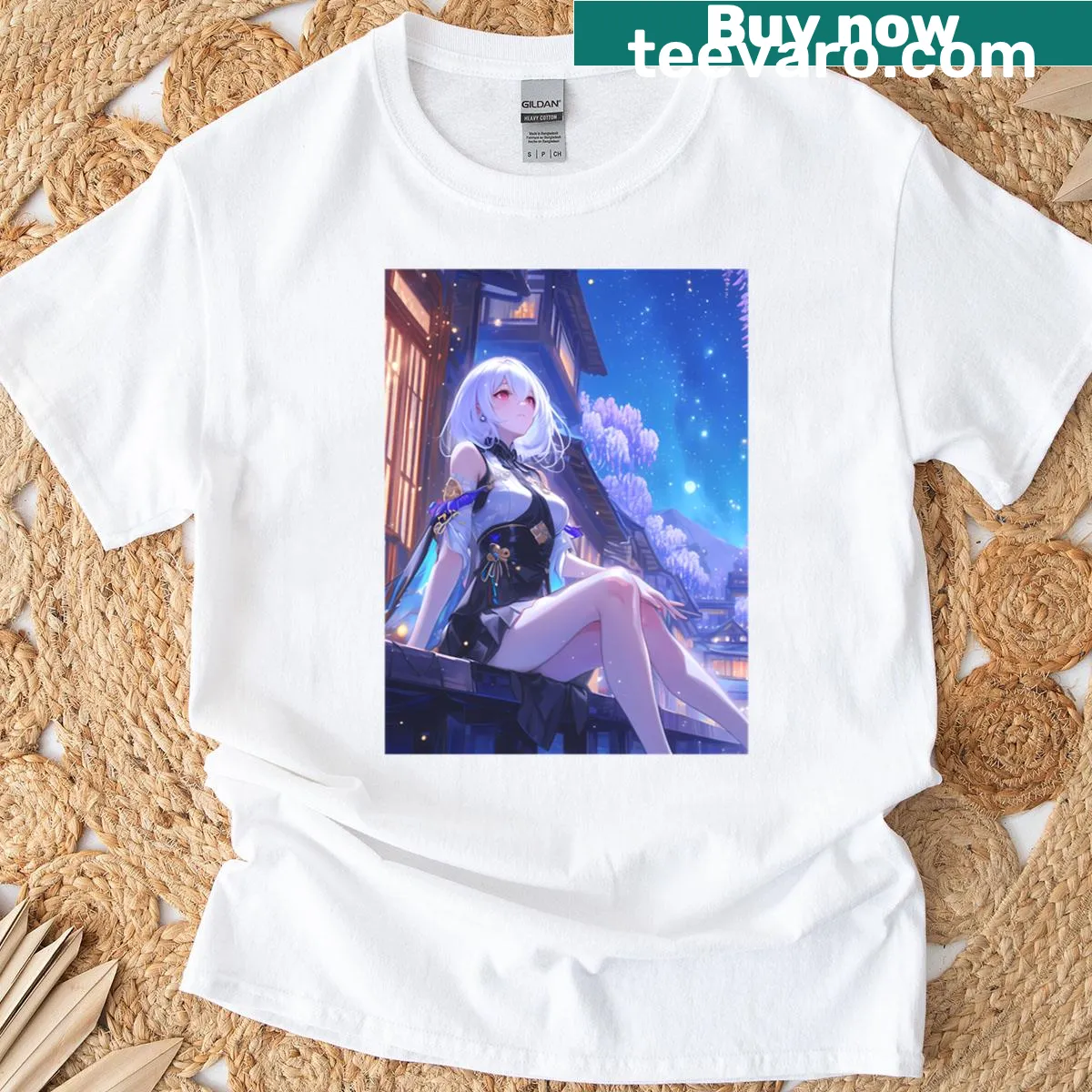 Anime-inspired design of a moonlit onsen scene with ethereal reflections — on a men's t-shirt