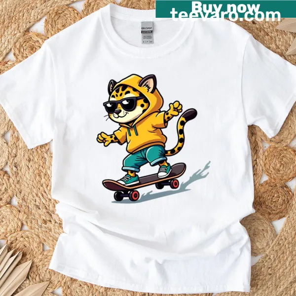 Illustration of a skater leopard on an electric skateboard in an urban setting