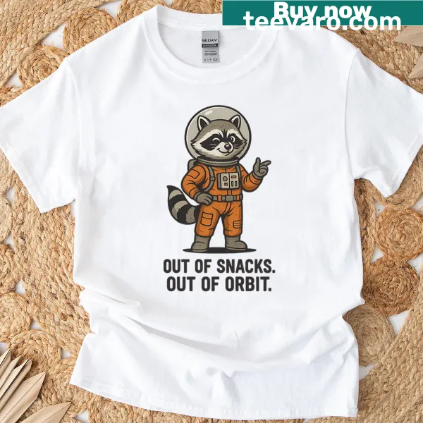 Whimsical raccoon graphic on a cosmic snack mission