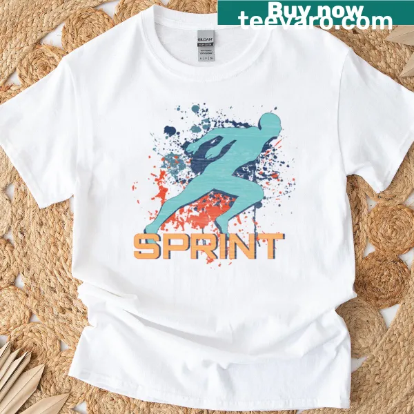 Dynamic silhouette of a runner on a fitness-themed T-shirt.