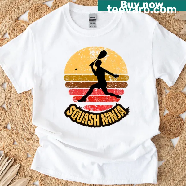 Cartoon ninja with a squash racket on a t-shirt