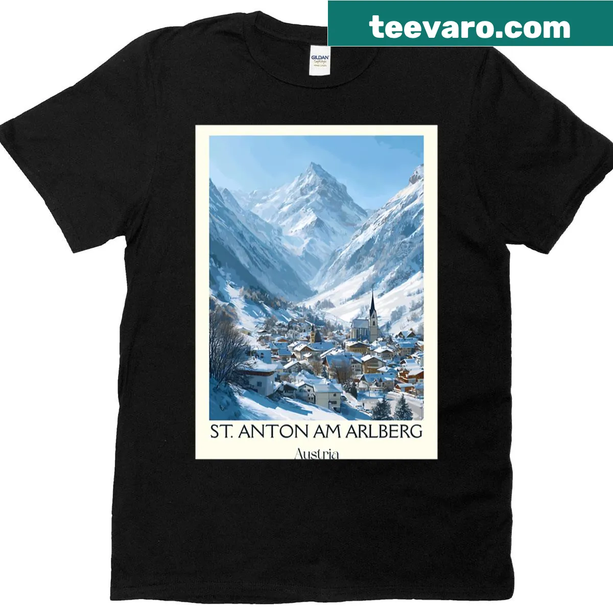 Vintage travel poster t-shirt featuring St Anton am Arlberg ski design — on a men's t-shirt