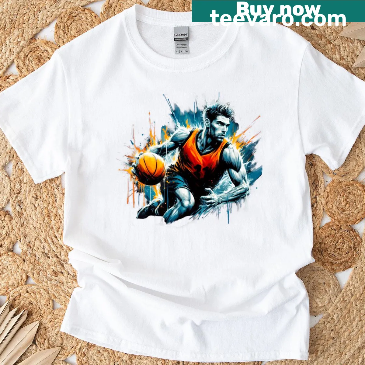 Street art-inspired basketball player graphic t-shirt — on a men's t-shirt
