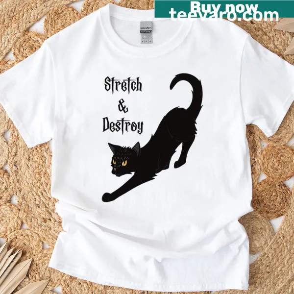 Cartoon black cat in a stretch pose on a t-shirt