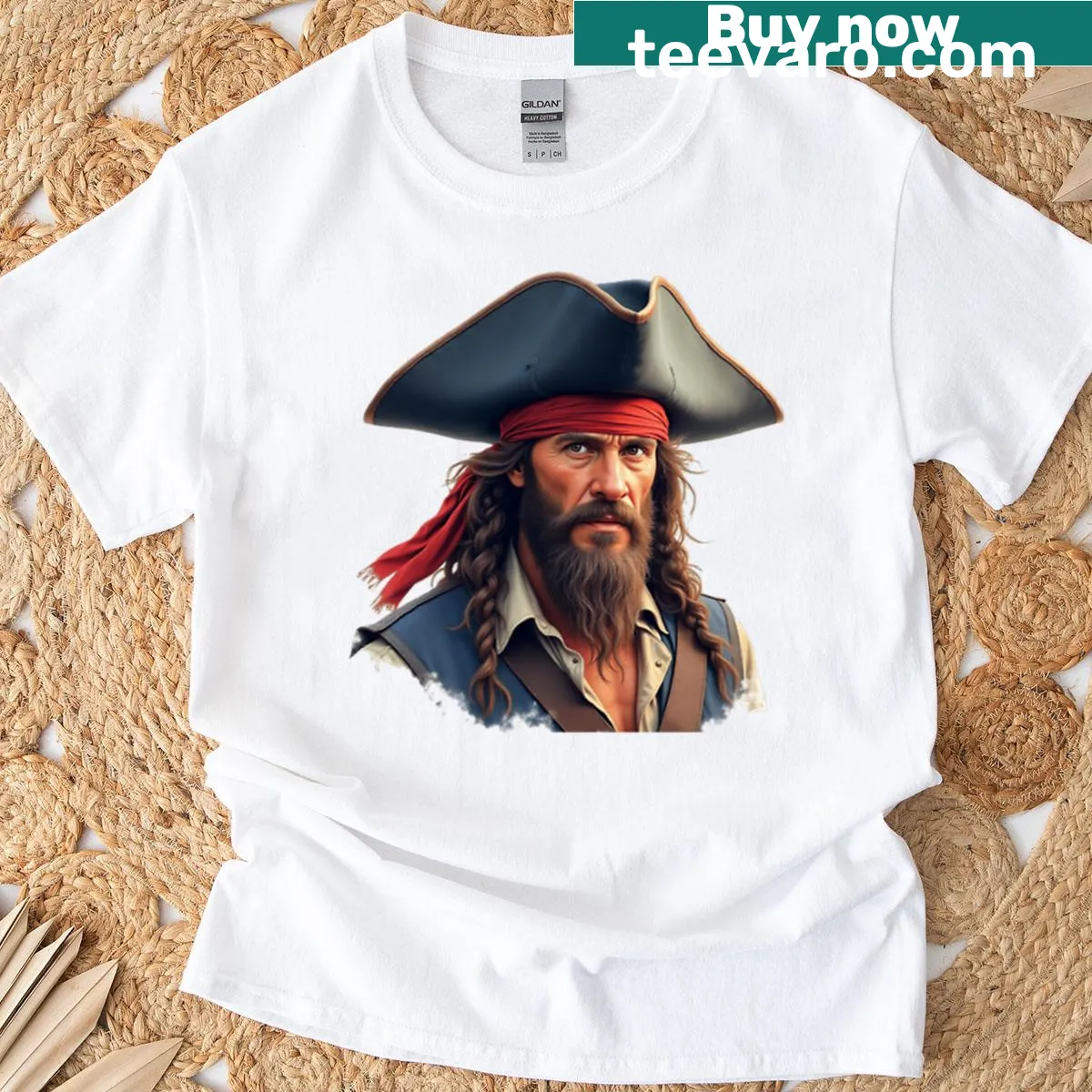 Playful pirate graphic with stickers on a t-shirt — on a men's t-shirt