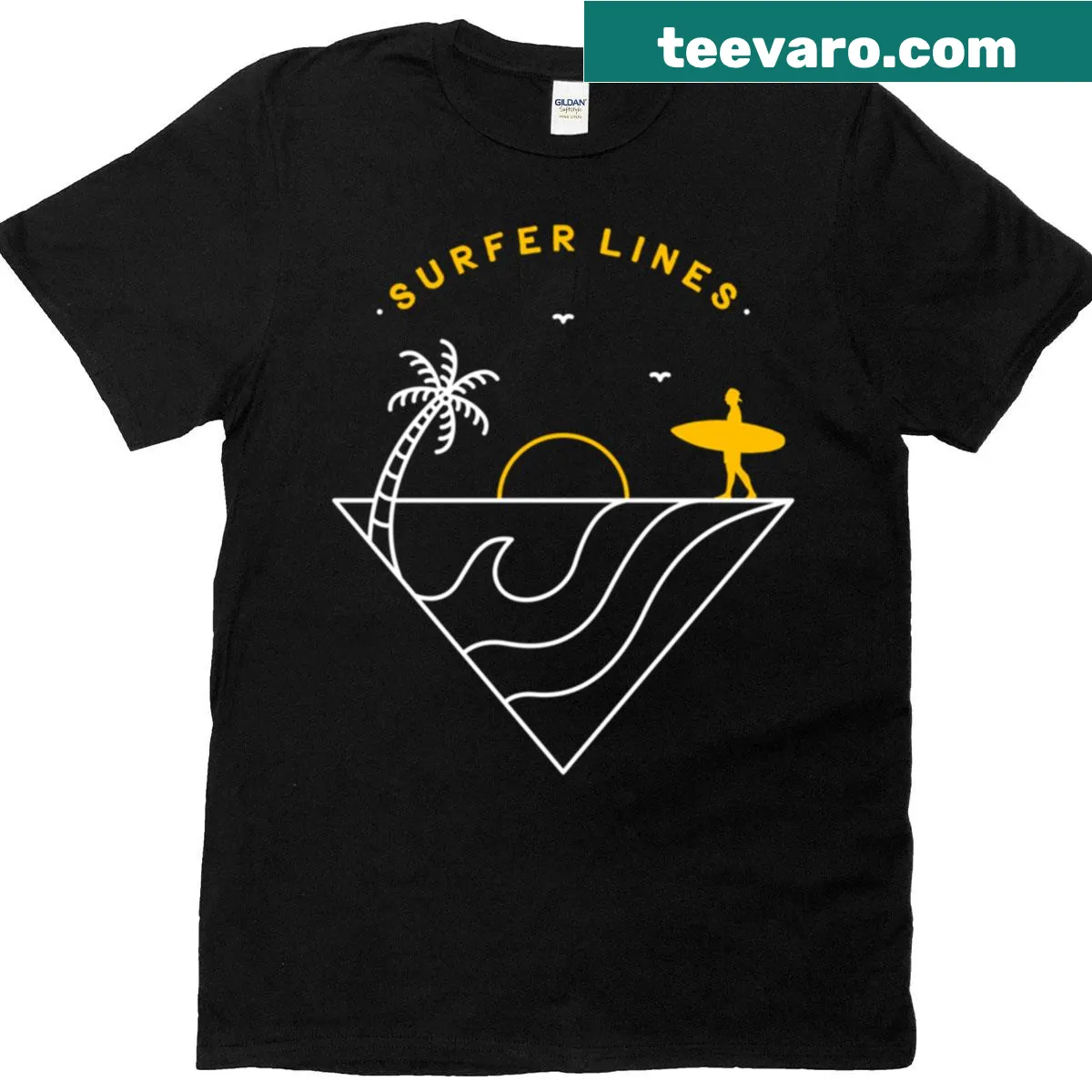 Minimalist t-shirt featuring flowing lines representing surfing culture — on a men's t-shirt