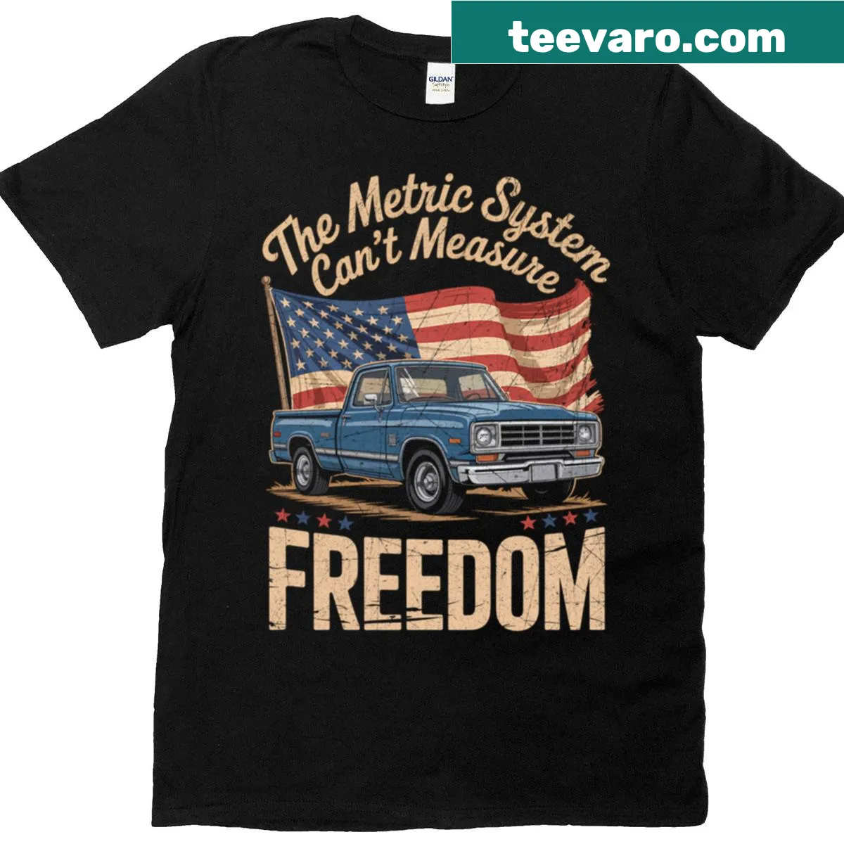 Funny Fourth of July shirt stating 'The Metric System Can't Measure Freedom' — on a men's t-shirt