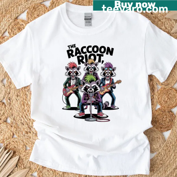 Funny cartoon raccoon design on a T-shirt for punk rock fans