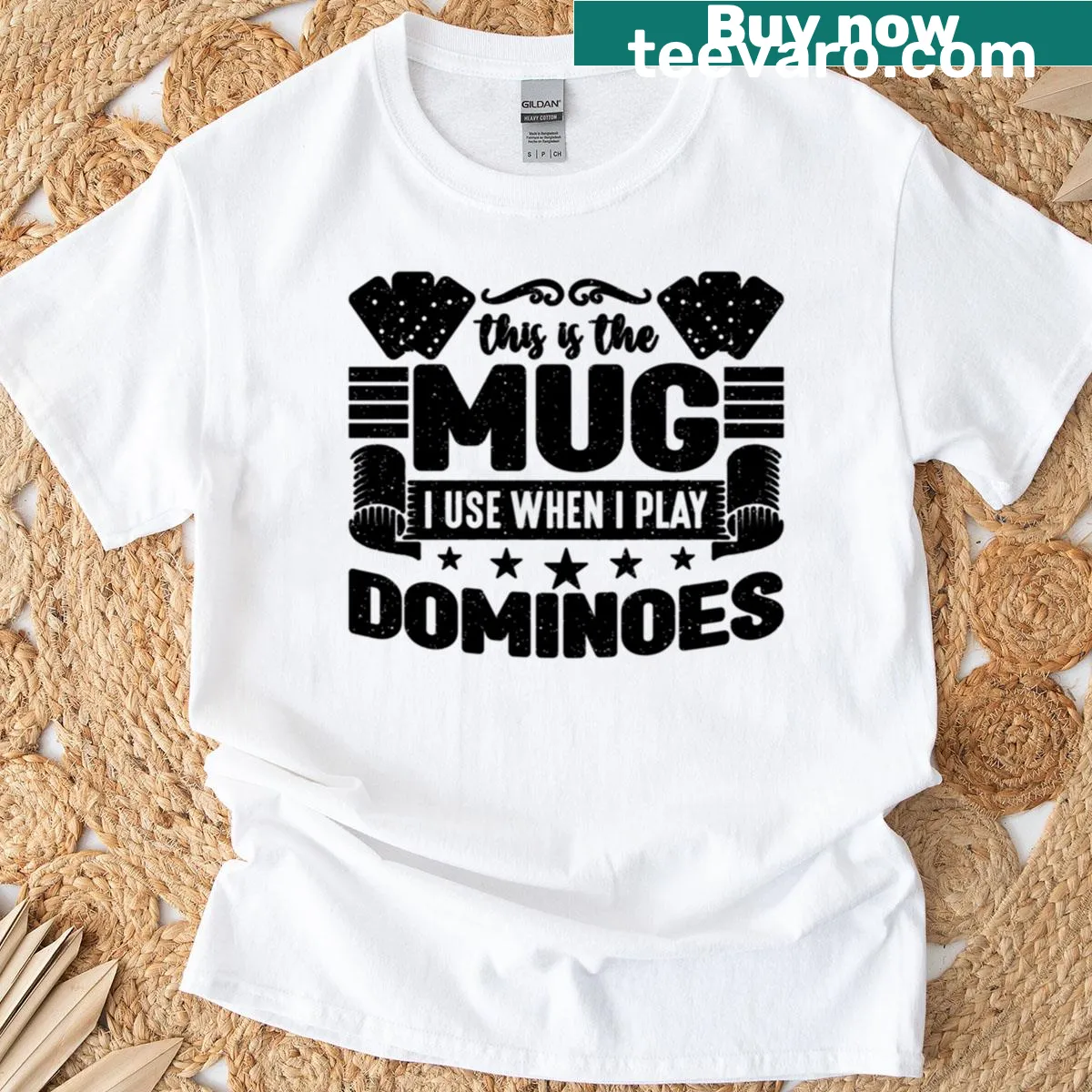 Funny board game t-shirt with the phrase about using a mug for dominoes — on a men's t-shirt