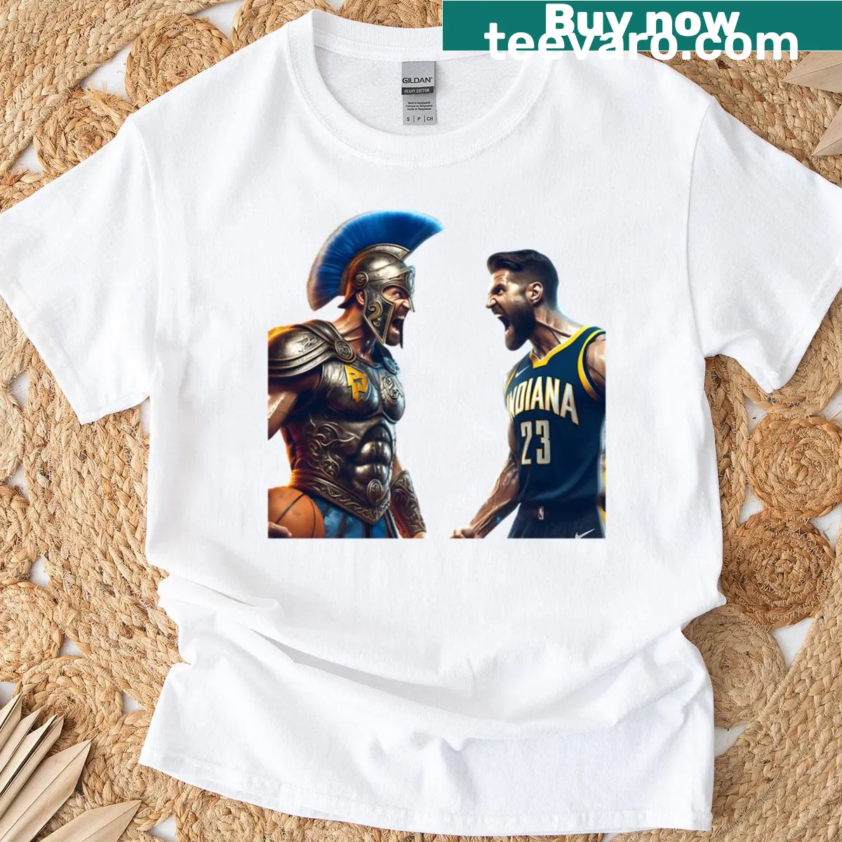 Gladiator style design featuring Thunder vs Pacers basketball theme — on a men's t-shirt