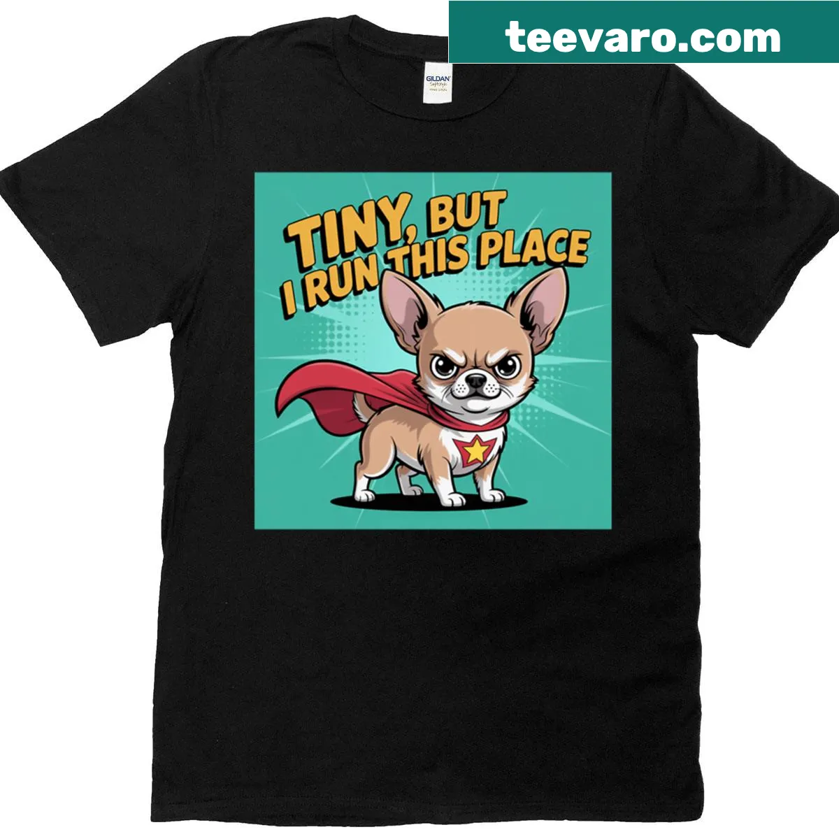 Bold typography shirt declaring 'Tiny But I Run This Place' — on a men's t-shirt