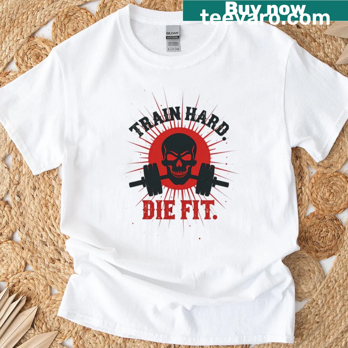 Funny fitness quote 'Train Hard, Die Fit' on an oversized T-shirt — on a men's t-shirt