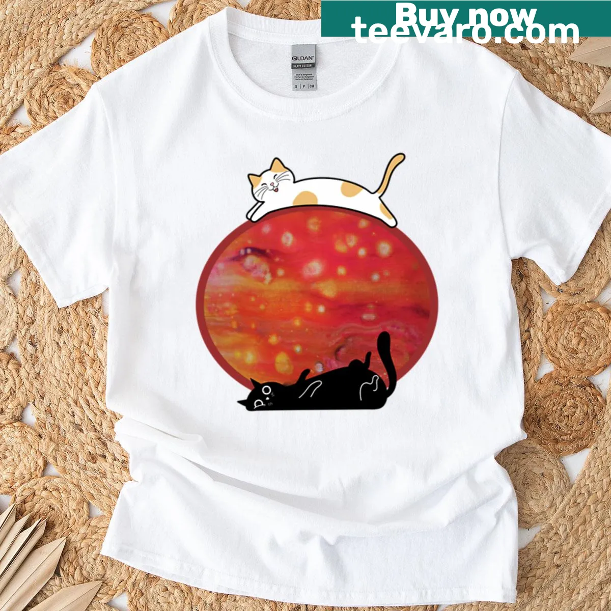 Illustration of two cats in an oval frame on a T-shirt — on a men's t-shirt