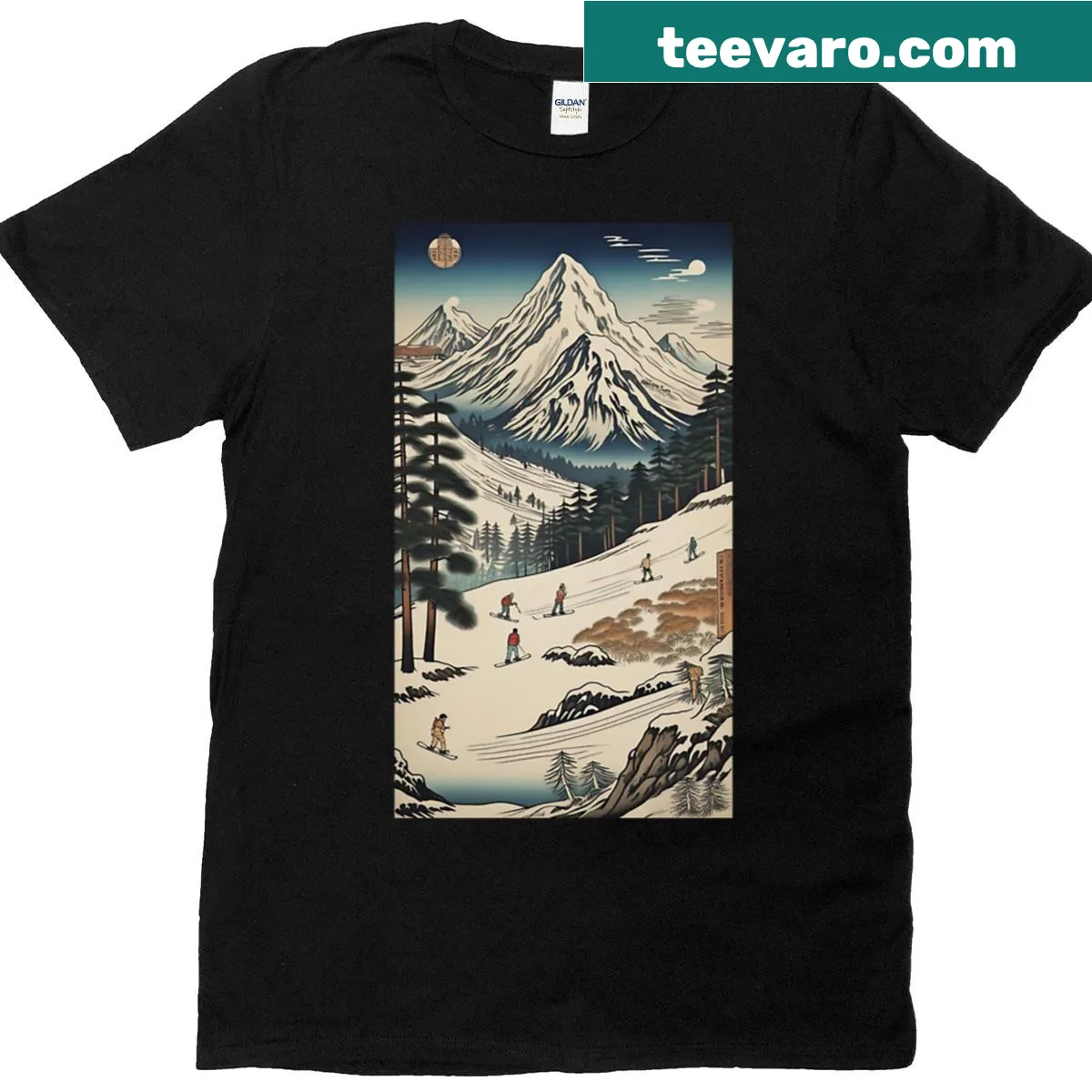 Ukiyo-e inspired snowboarders design with Mt. Fuji in the background. — on a men's t-shirt