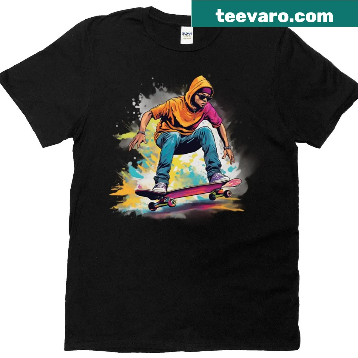 Cartoon graphic of skaters in action on a dynamic T-shirt — on a men's t-shirt