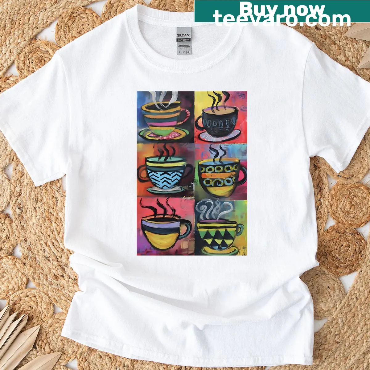 T-shirt featuring cheerful coffee cups with unique patterns — on a men's t-shirt