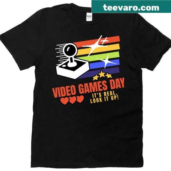 Fun T-shirt celebrating Video Games Day with playful graphics.