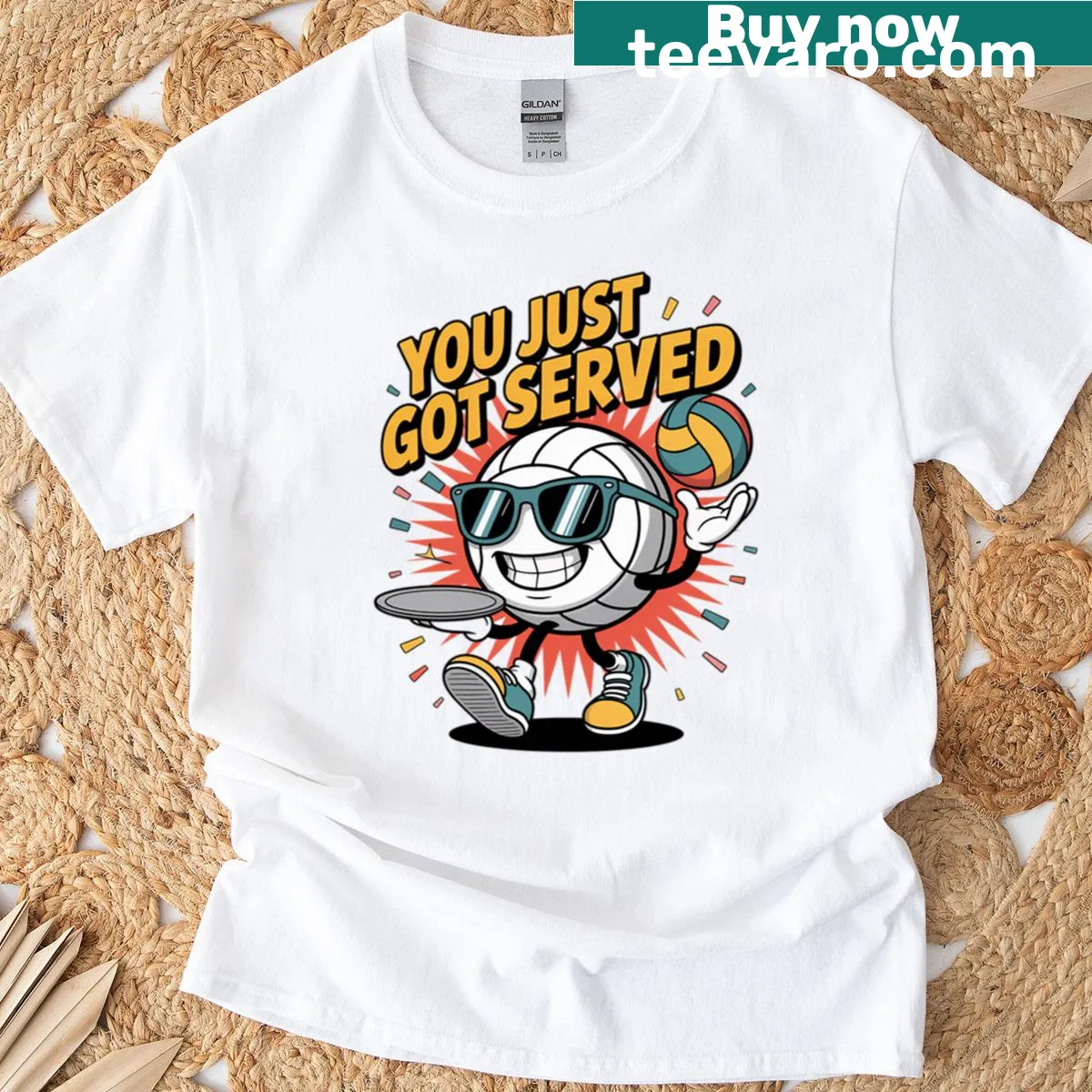 Volleyball themed t-shirt with dynamic graphic and bold text — on a men's t-shirt
