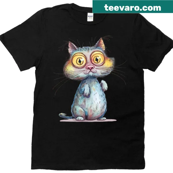 Cartoon-style T-shirt featuring a quirky wide-eyed standing cat