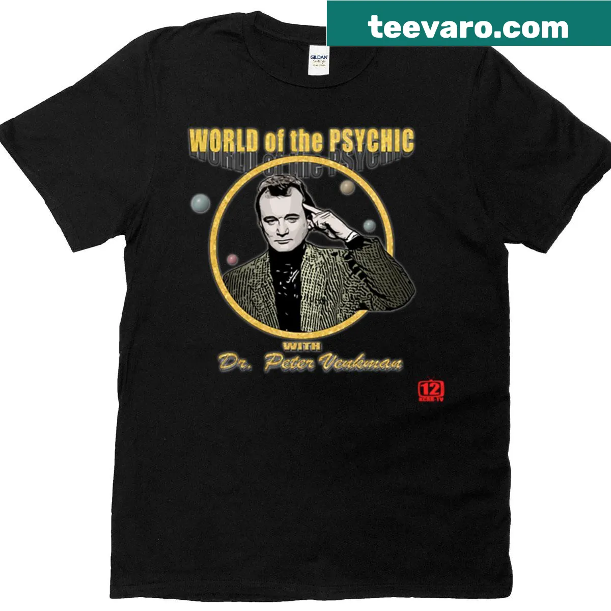 Illustrative T-shirt themed around psychic phenomena and mysteries — on a men's t-shirt