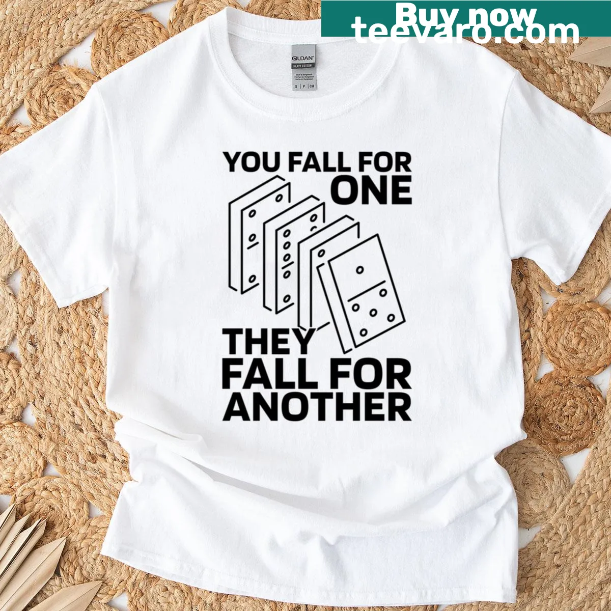 Humorous domino-themed t-shirt with clever text design — on a men's t-shirt