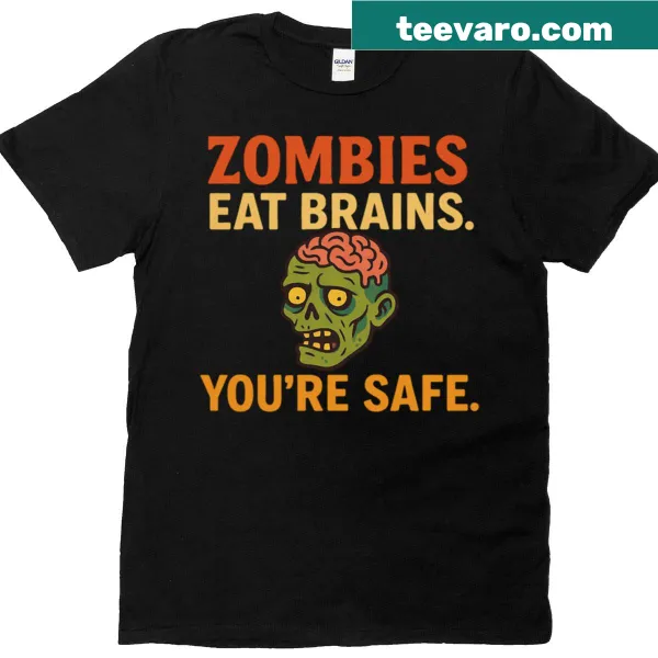 Funny zombie graphic t-shirt featuring cartoonish zombies eating