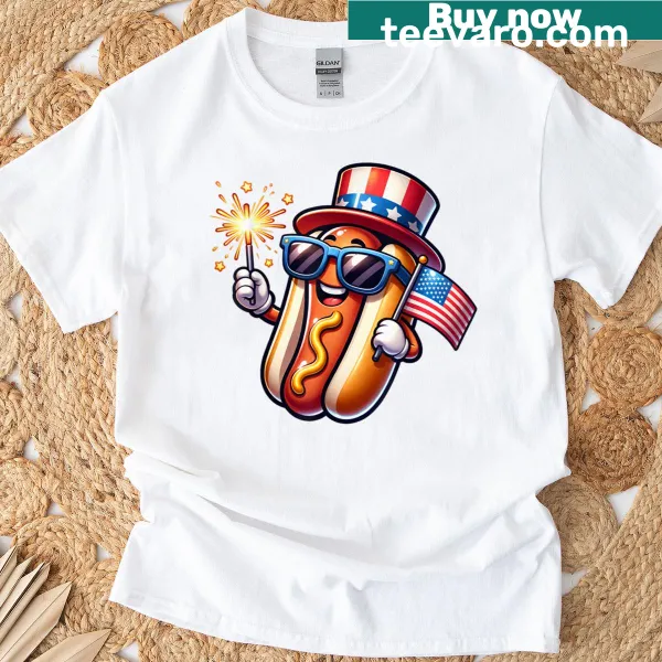 Funny 4th of July t-shirt with sparkler hotdog design
