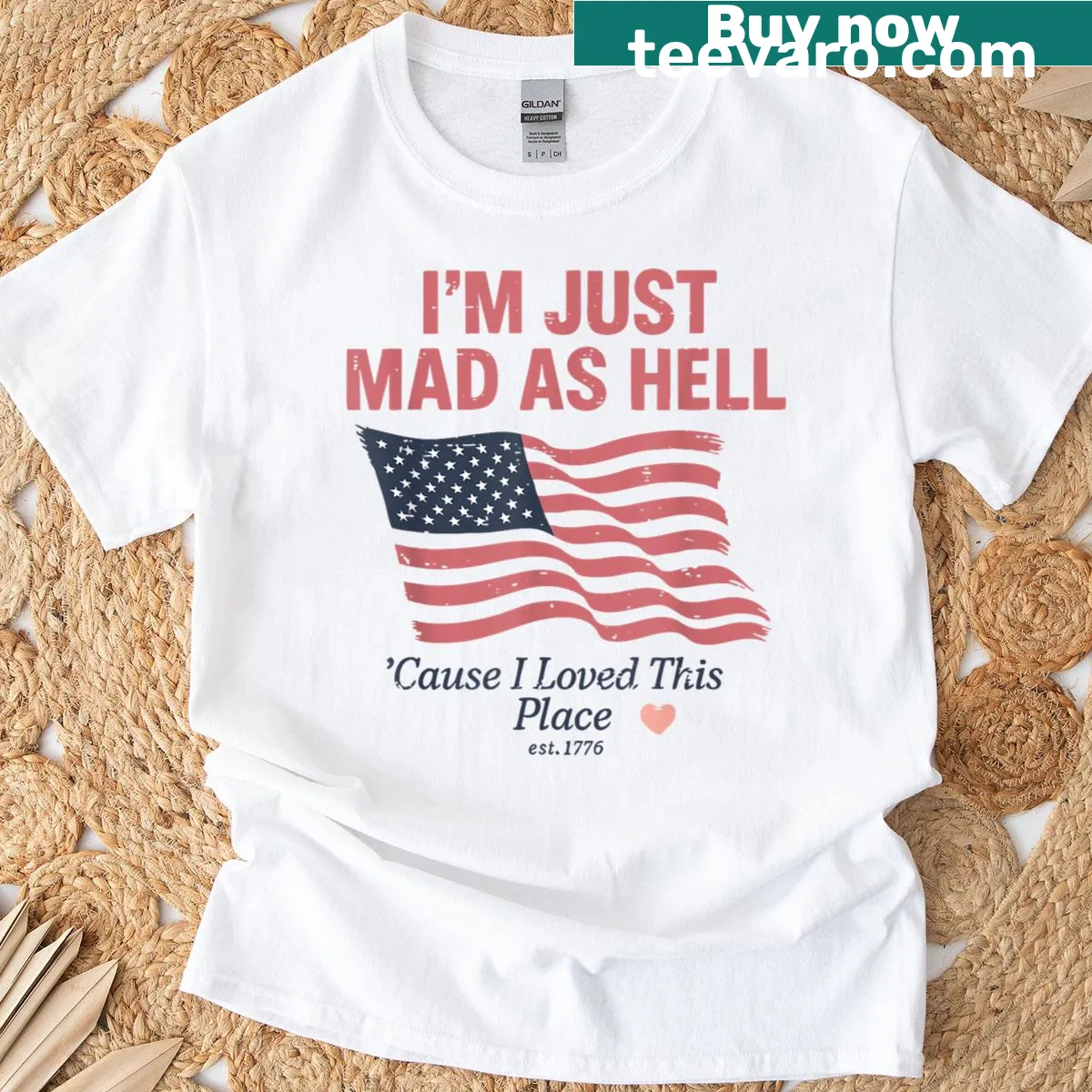 Funny patriotic t-shirt with USA flag and text about loving America — on a men's t-shirt
