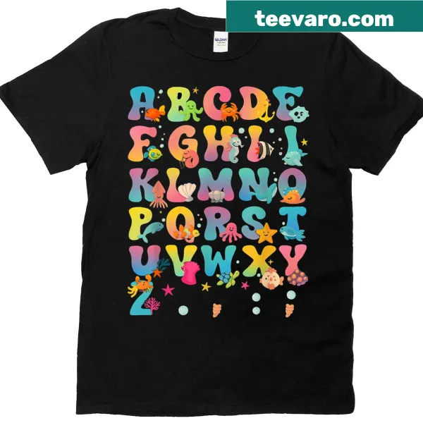 Illustrated T-shirt featuring ocean alphabet with sea animals