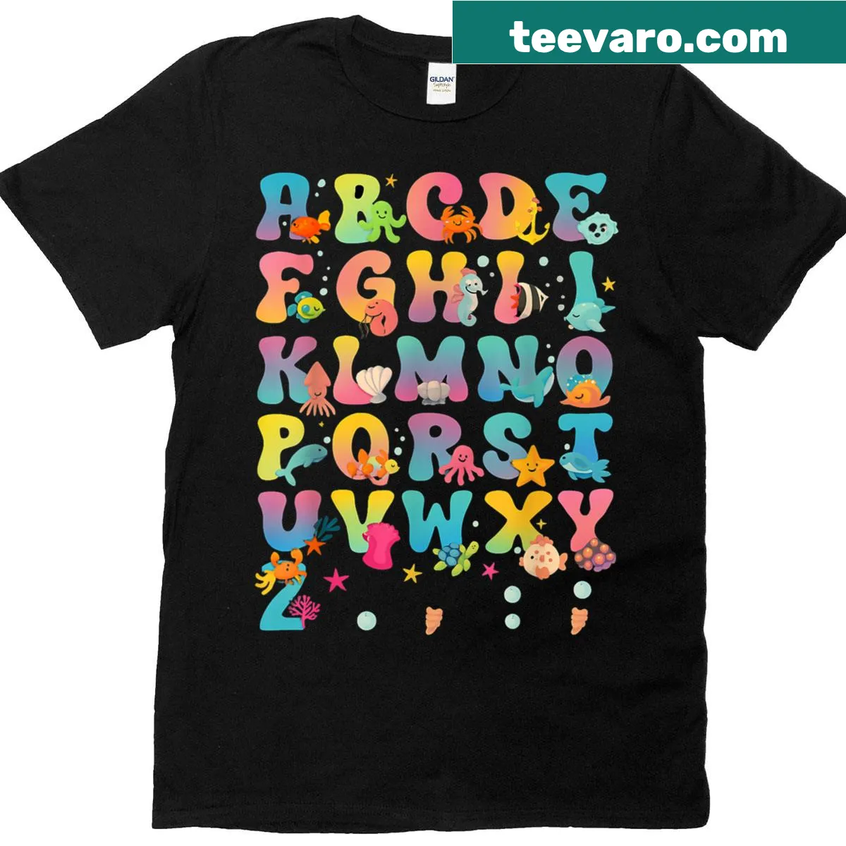Illustrated T-shirt featuring ocean alphabet with sea animals — on a men's t-shirt