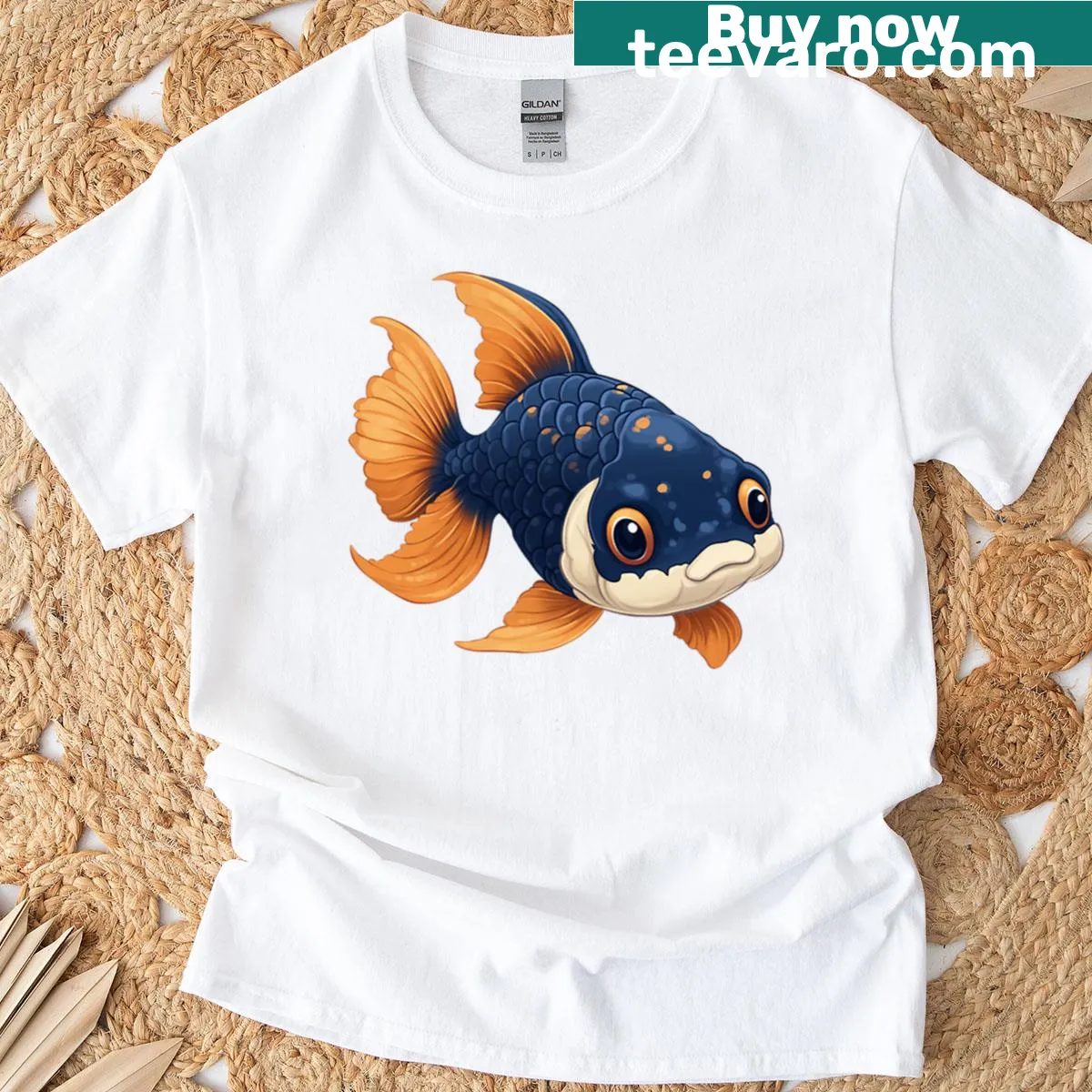 Cartoon goldfish graphic t-shirt for aquatic life lovers — on a men's t-shirt