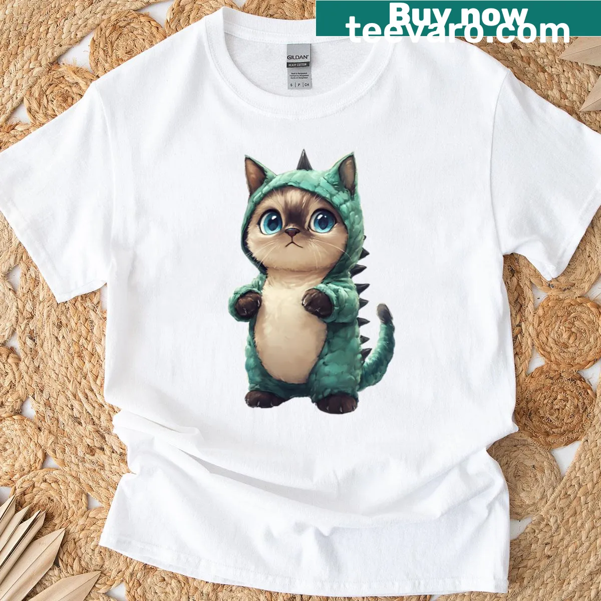 T-shirt featuring a Siamese cat in a dinosaur costume — on a men's t-shirt
