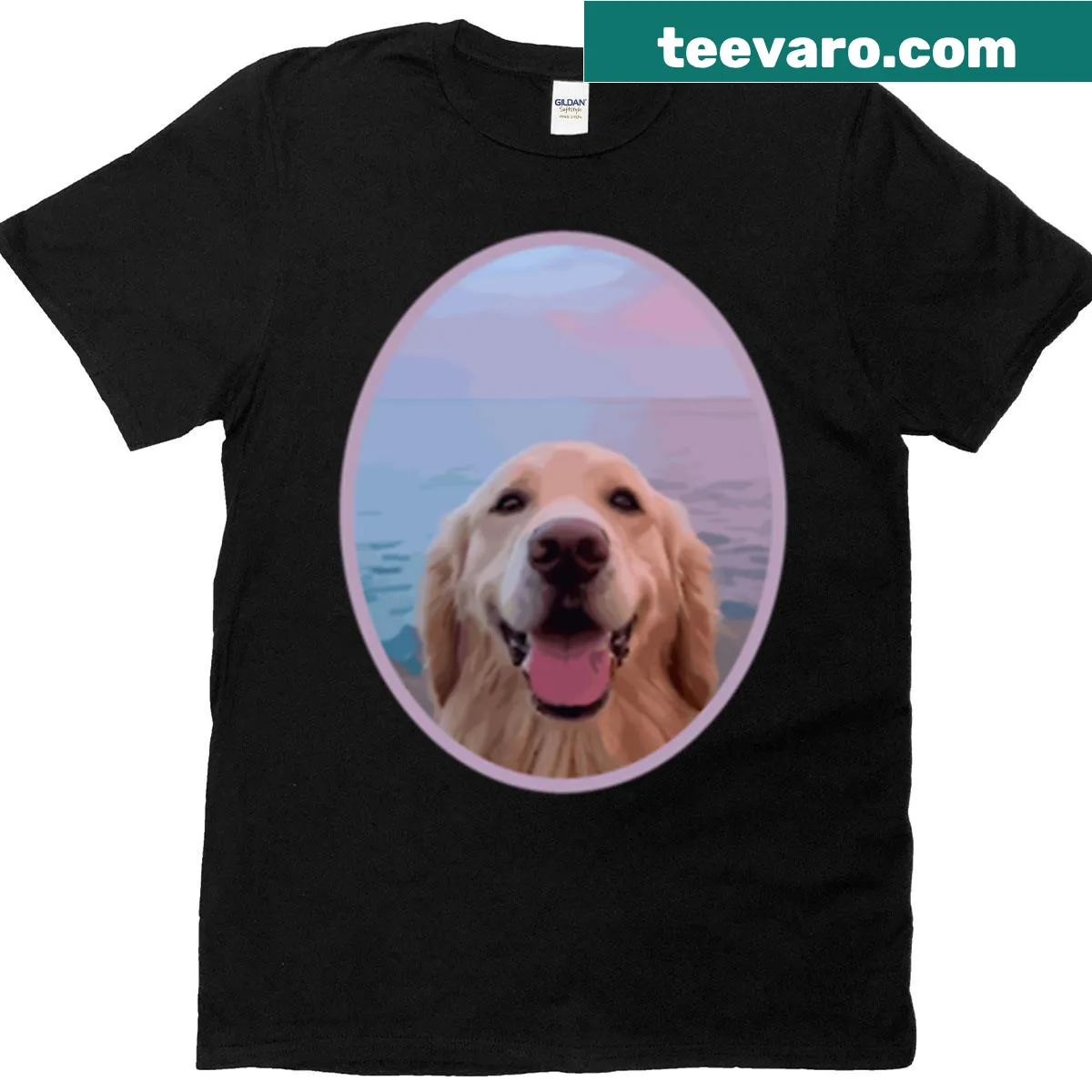 Golden retriever graphic t-shirt at sunset — on a men's t-shirt