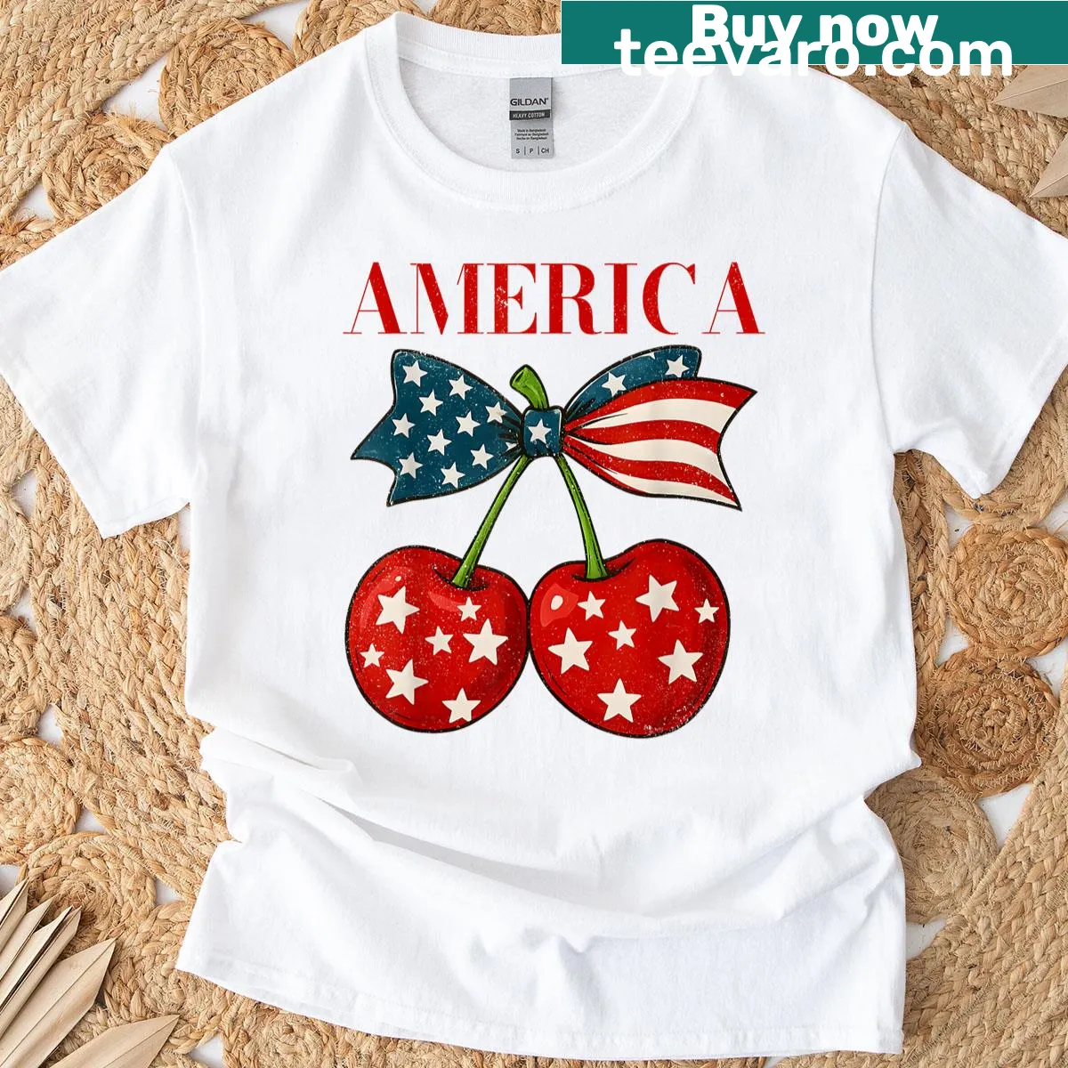 Cute cherry and bow design T-shirt for July 4th celebrations — on a men's t-shirt