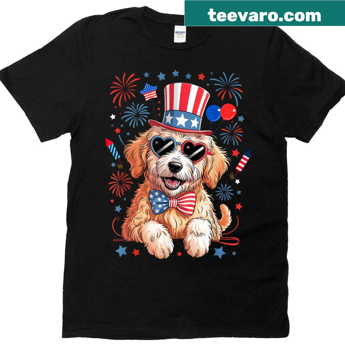 Patriotic goldendoodle t-shirt with American flag — on a men's t-shirt