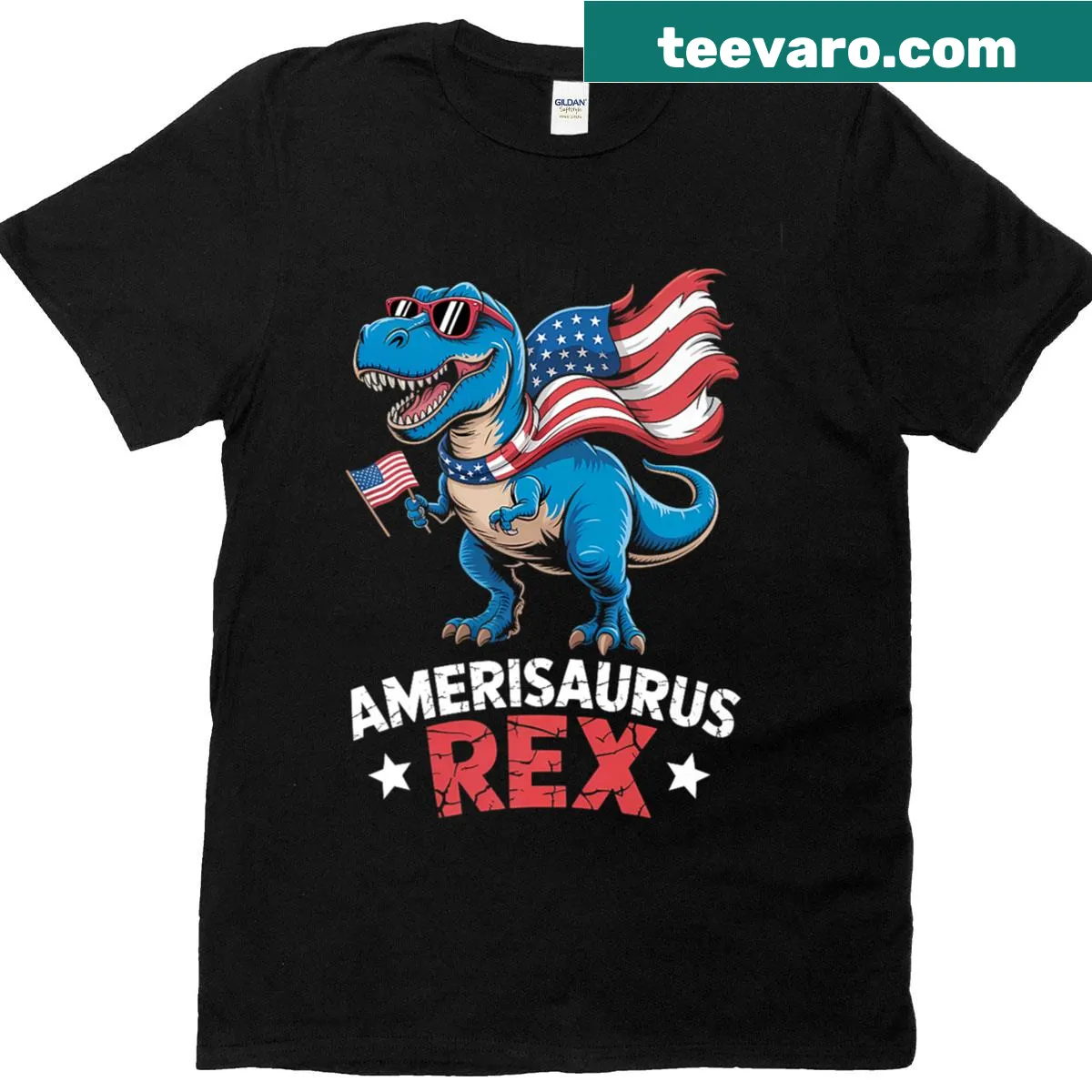 Cartoon dinosaur in USA colors on a humorous T-shirt — on a men's t-shirt